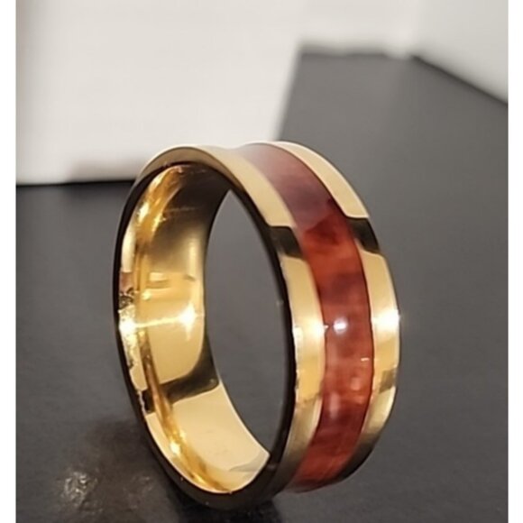 STEELTIME Mens size 13 Gold color Brown wood inlay wedding band Ring steel - Picture 1 of 3